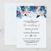Casamento Floral Aquarela Azul Marinho Rosa