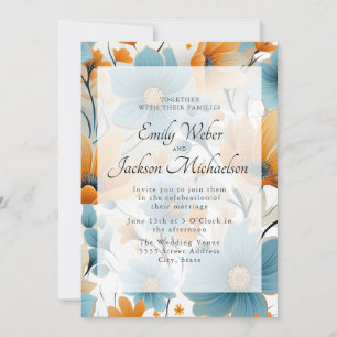 Convites Casamento Floral Aquarela Azul Pêssego