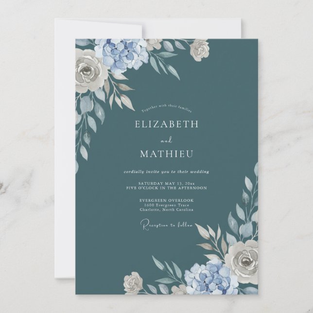 Convites Casamento Floral Aquarela Azul Turquesa (Frente)