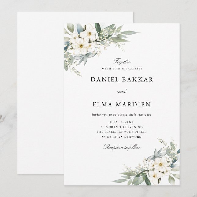 Convites Casamento Floral Aquarela Boho Folhagem Elegante (Frente/Verso)