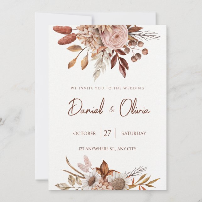 Convites Casamento Floral Aquarela Boho Neutro Rústico (Frente)
