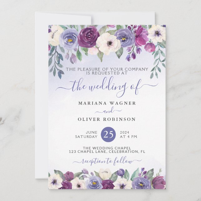 Convites Casamento Floral Aquarela com Bege Fuchsia e Viole (Frente)