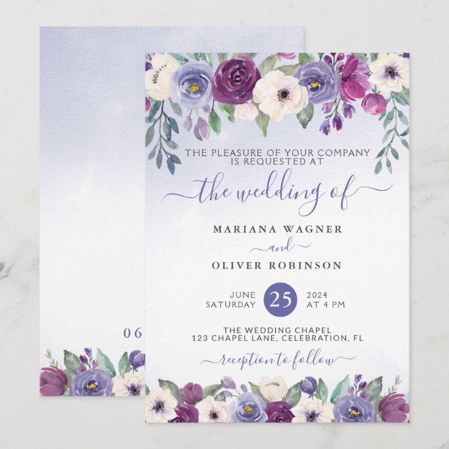 Convites Casamento Floral Aquarela com Periwinkle Fuchsia B (Frente/Verso)