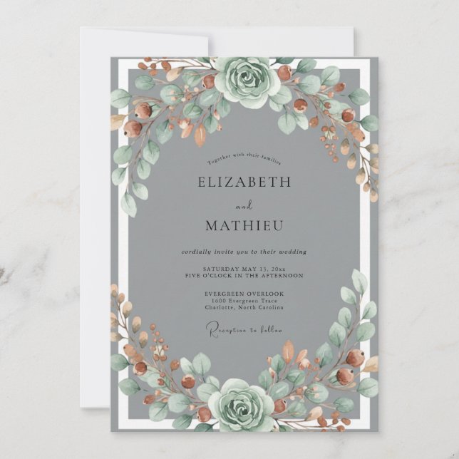 Convites Casamento Floral Aquarela Copper Sage (Frente)