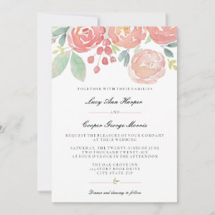 Convites Casamento Floral Aquarela Coral Rosado