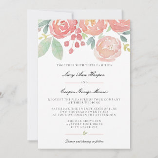 Convites Casamento Floral Aquarela Coral Rosado