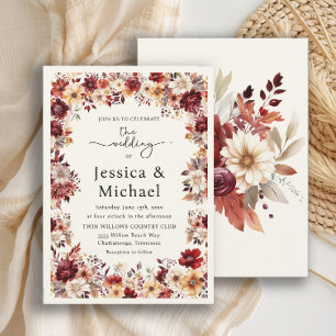 Convites Casamento Floral Aquarela Creme Borgonha Romântico