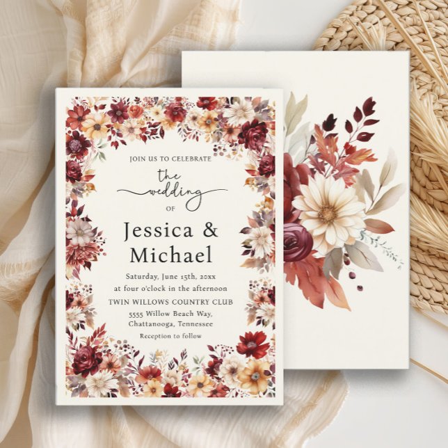 Convites Casamento Floral Aquarela Creme Borgonha Romântico (Romantic burgundy and cream floral wedding invitation)