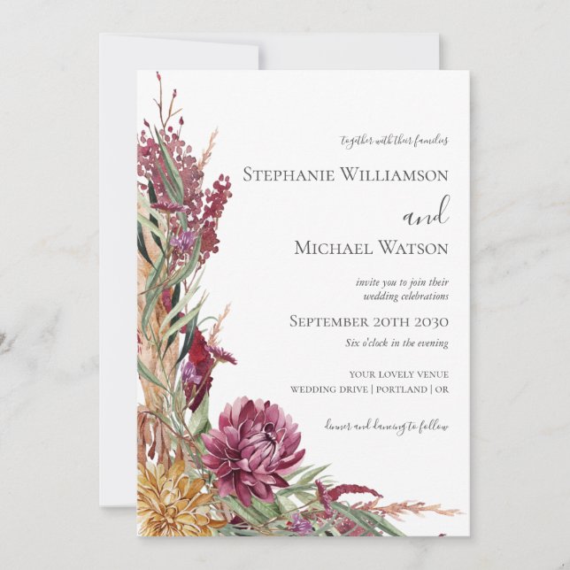 Convites Casamento Floral Aquarela de Crisântemos de Outono (Frente)