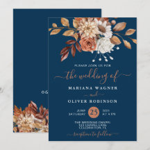 Casamento Floral Aquarela de Outono em Azul Marinh