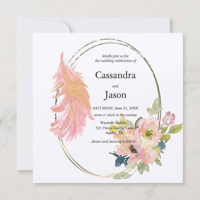 Convites Casamento Floral Aquarela Geométrica (Frente)