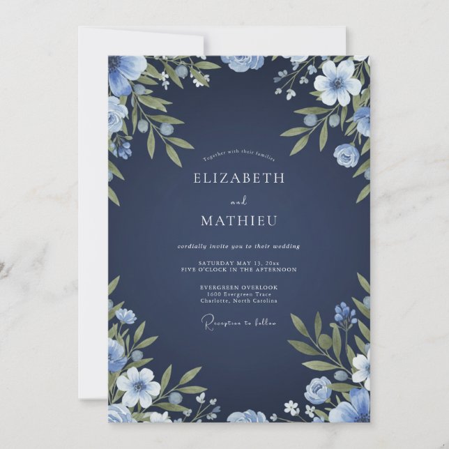 Convites Casamento Floral Aquarela Índigo (Frente)