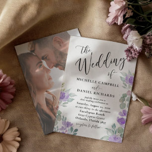 Convites Casamento Floral Aquarela Lilás Roxo Rústico