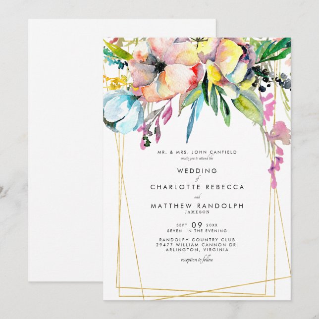 Convites Casamento Floral Aquarela Multicolor (Frente/Verso)