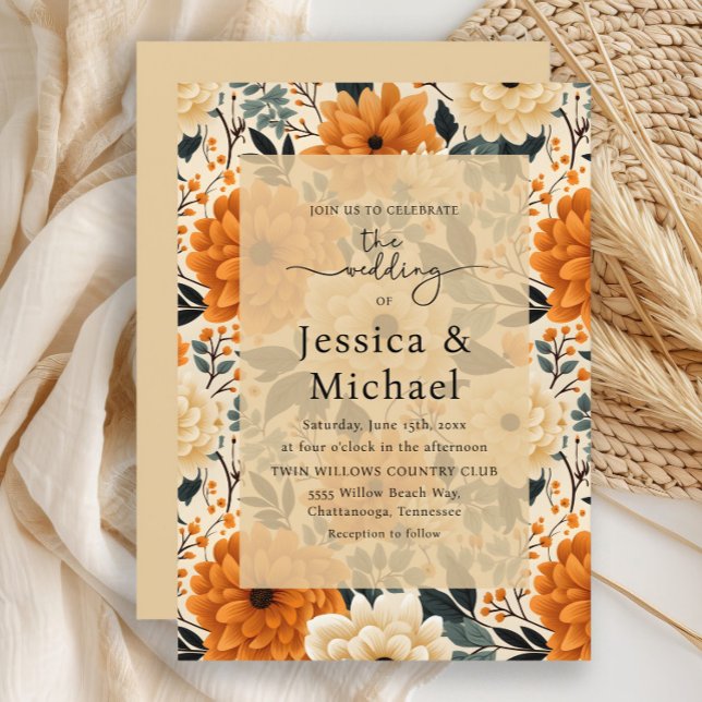 Convites Casamento Floral Aquarela Outono Boho Chic Rústico (Burnt orange and cream watercolor floral wedding invitation)