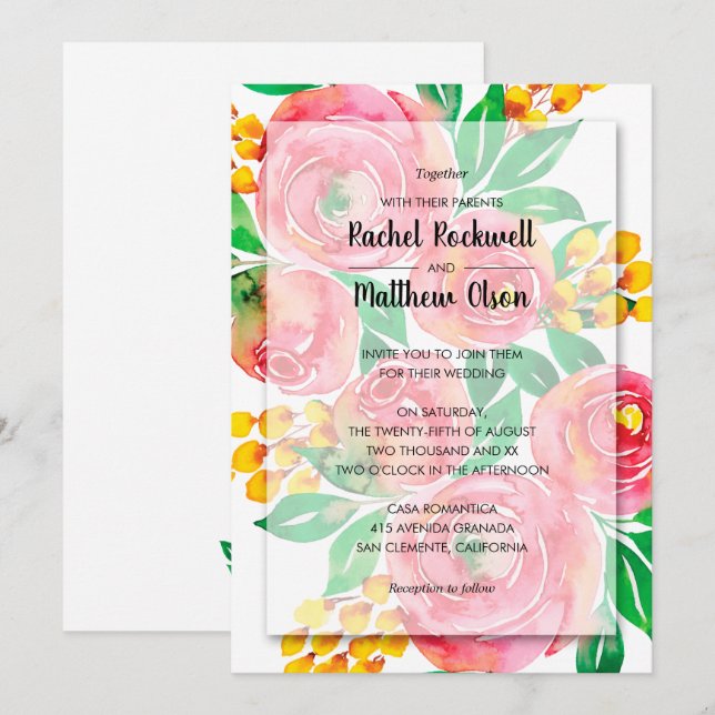 Convites Casamento Floral Aquarela Rosa (Frente/Verso)