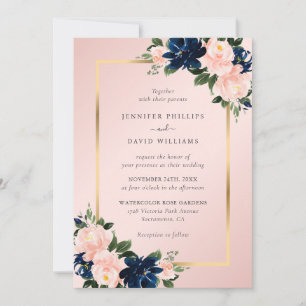 Convites Casamento Floral Aquarela Rosa Azul Marinho Dourad