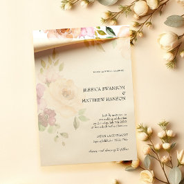 Convites Casamento Floral Aquarela Rosas Bege Boêmio