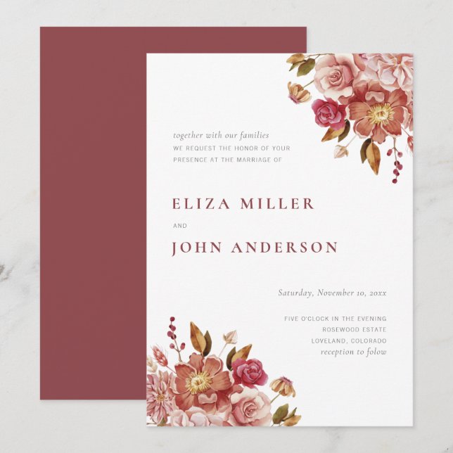 Convites Casamento Floral Aquarela Rústico Moderno Marsala (Frente/Verso)