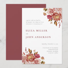 Convites Casamento Floral Aquarela Rústico Moderno Marsala