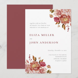 Convites Casamento Floral Aquarela Rústico Moderno Marsala