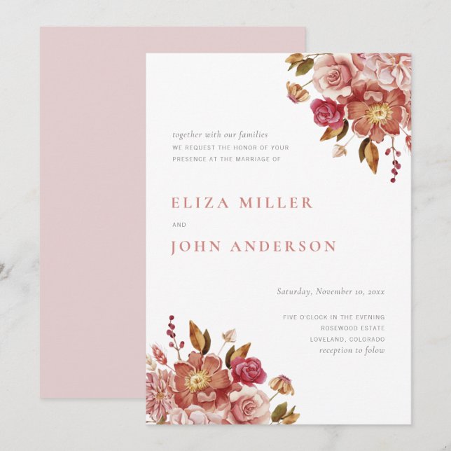 Convites Casamento Floral Aquarela Rústico Moderno Rosa (Frente/Verso)