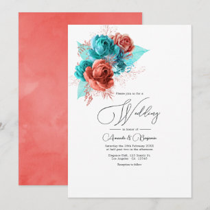 Convites Casamento Floral Aquarela Turquesa e Coral