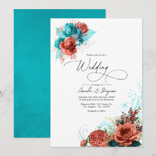 Convites Casamento Floral Aquarela Turquesa e Coral