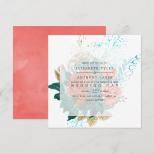 Convites Casamento Floral Aquarela Turquesa e Coral