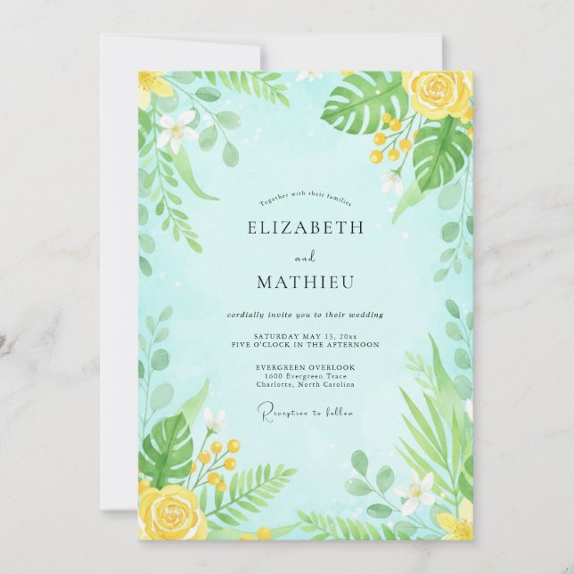 Convites Casamento Floral Aquarela Verde-Menta (Frente)