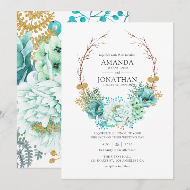 Convites Casamento Floral Aquarela Verde-Menta (Frente/Verso)