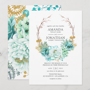 Convites Casamento Floral Aquarela Verde-Menta