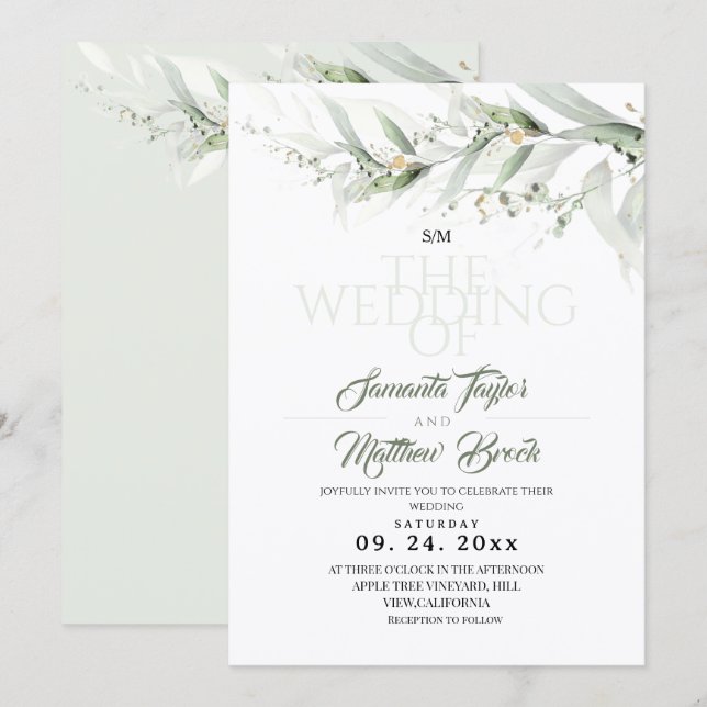 Convites Casamento Floral Aquarela Verde Oliva (Frente/Verso)