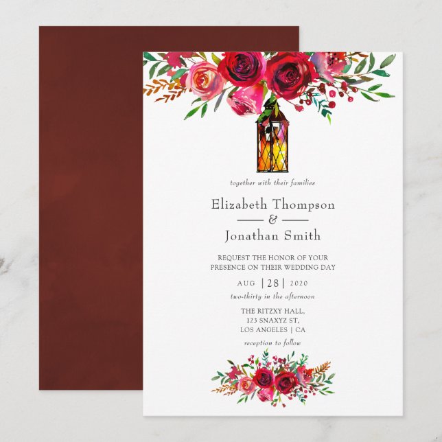 Convites Casamento Floral Aquarela Vermelho Borgonha Rústic (Frente/Verso)