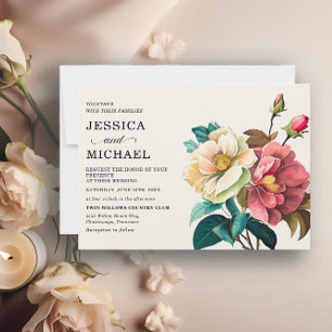 Convites Casamento Floral Aquarela Vermelho Branco