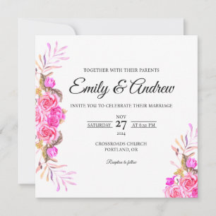 Convites Casamento Floral Aquarelado de Rosa Rosa na Primav