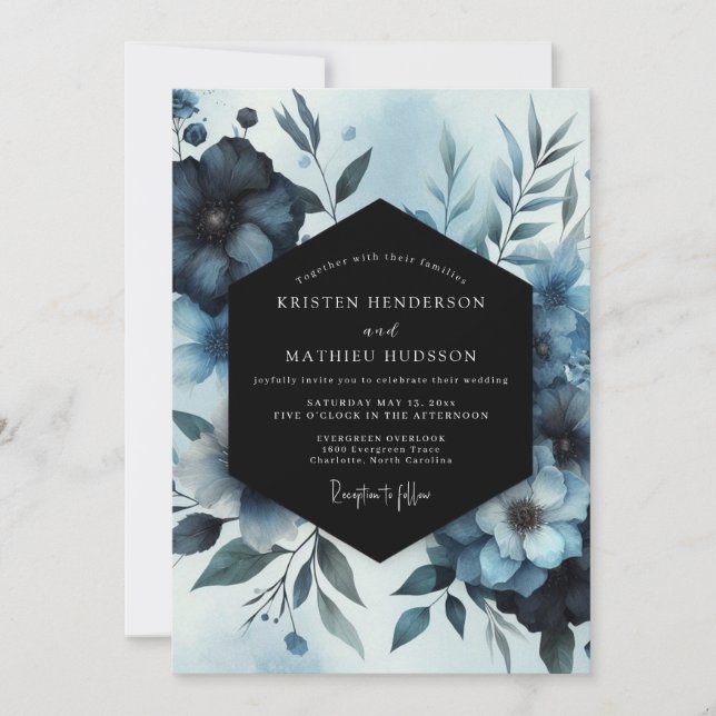 Convites Casamento Floral Aquático Índigo (Frente)