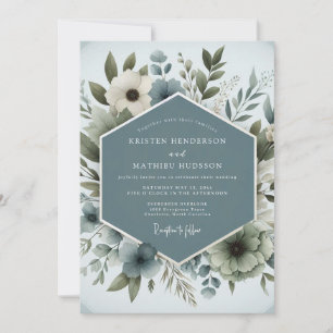 Convites Casamento Floral Aquoso Azul Ardósia