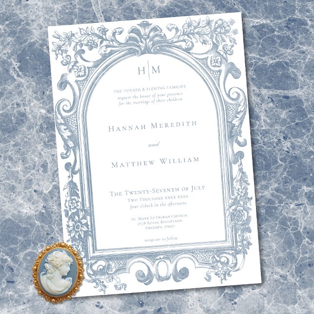 Convites Casamento Floral Arco Azul Clássico Elegante (Classic Elegant Blue Arch Floral Frame Wedding Invitation)