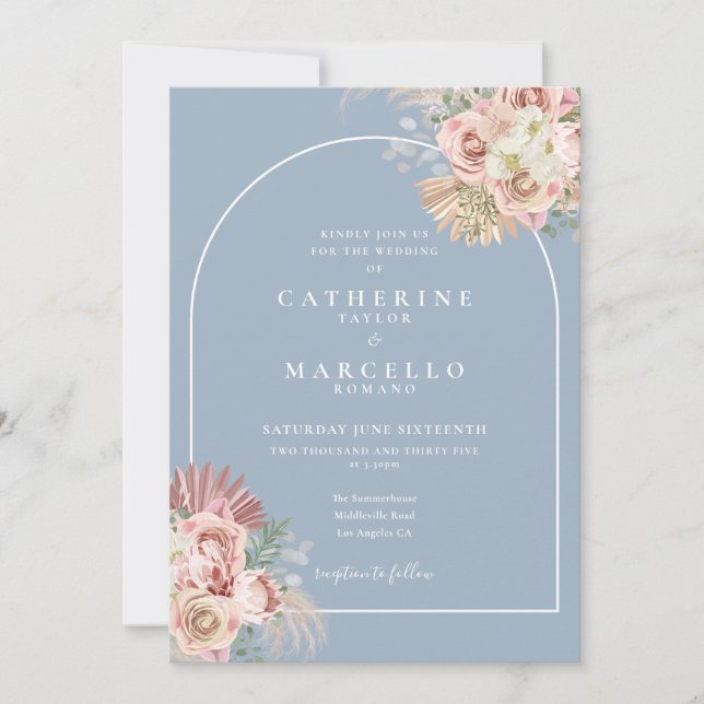 Convites Casamento Floral Arco Boho Grama-das-Pampas Azul E (Frente)