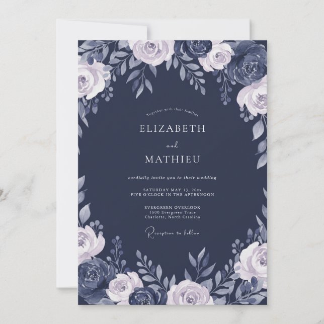 Convites Casamento Floral Ardósia da Meia-Noite (Frente)