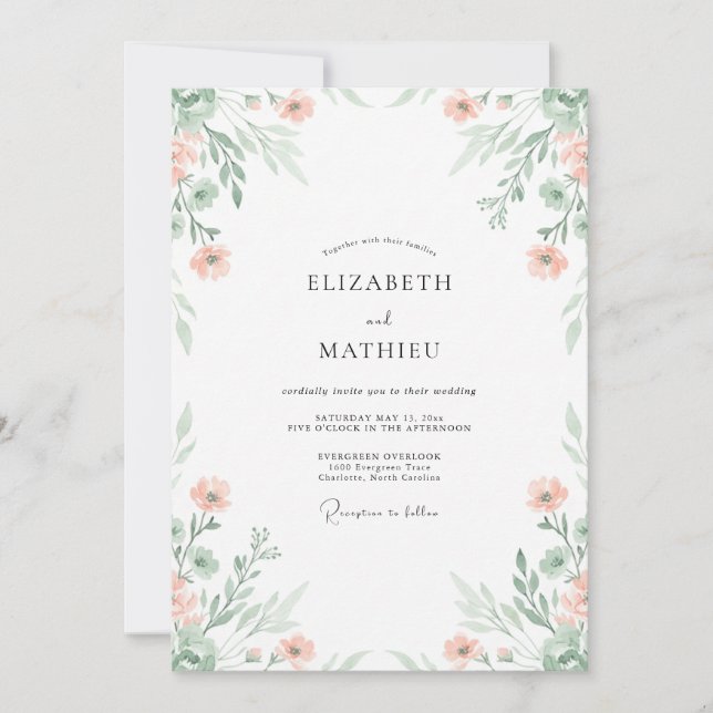 Convites Casamento Floral Arejado com Tons de Pêssego e Sal (Frente)