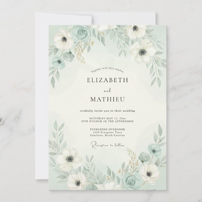 Convites Casamento Floral Arejado em Verde Menta (Frente)