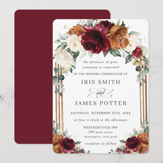 Convites Casamento Floral Arqueado em Borgonha, Laranja Que (Frente/Verso)
