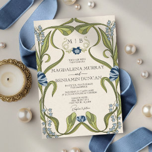Convites Casamento Floral Art Nouveau Azul Desbotado Marinh