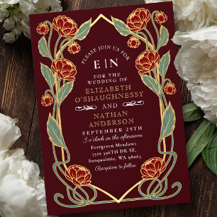 Convites Casamento Floral Art Nouveau de Peônia Burgundy El