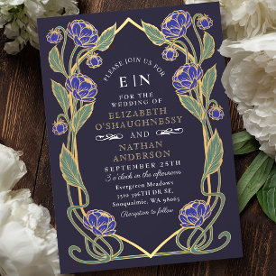 Convites Casamento Floral Art Nouveau Elegante Peônia Azul