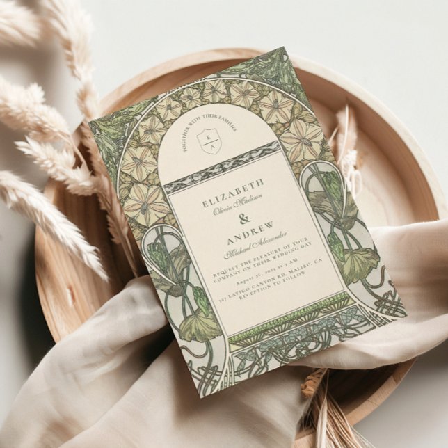 Convites Casamento Floral Art Nouveau Greenery (Criador carregado)