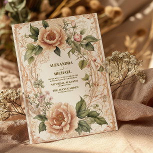 Convites Casamento Floral Art Nouveau Rosa Verde