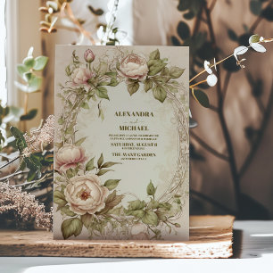 Convites Casamento Floral Art Nouveau Vintage em Verde Oliv